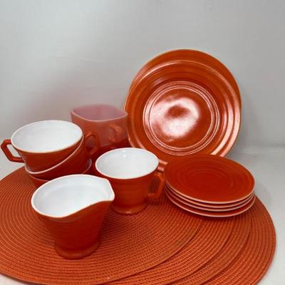 Orange Glasbake Square Mugs & Fire King Style Partial Dishware Set