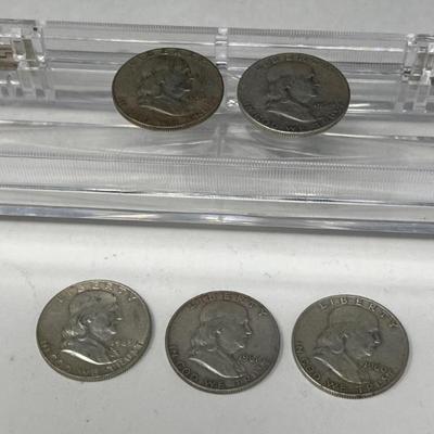 Five Franklin Half Dollars 90% Silver 1952,54,60,61,63 dates