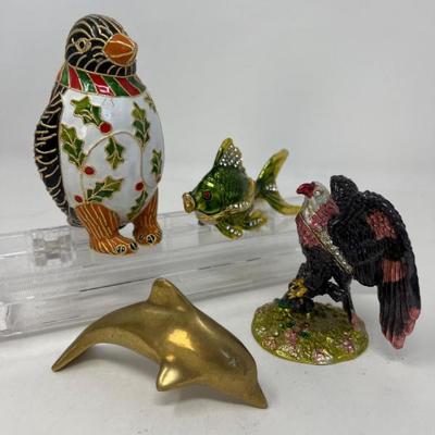 Eagle and Goldfish Trinket Figures, Brass Dolphin & Holly Penquin Figure