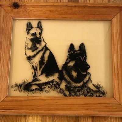 German Shepherds Etching on Leather Under Glass