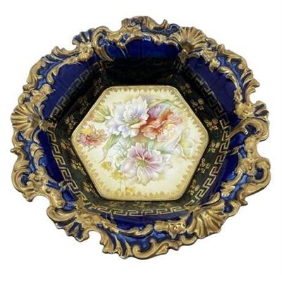 Lot 135 
R.S. Prussia Cobalt Blue Greek Key And Flowers Maple Leaf Bowl