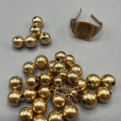 14k Gold Beaded Necklace (knotted) And 10k Gold Ring (broken)