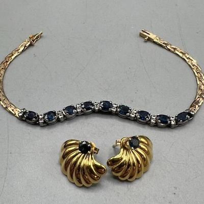 14k Gold And Sapphire Bracelet With Sapphire Earrings