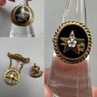 10k Gold Masonic Ring, 14k Eastern Star Ring, And 10k Pins