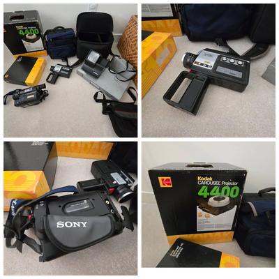 Vintage Sony Camcorder, Minolta Camera, Kodak Slide Carousel 