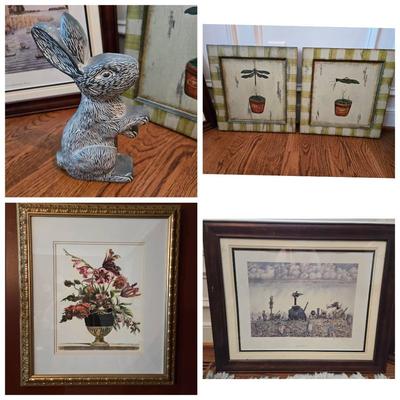 Art Lot; Dept 56 Metal Rabbit, Signed Art Prints +