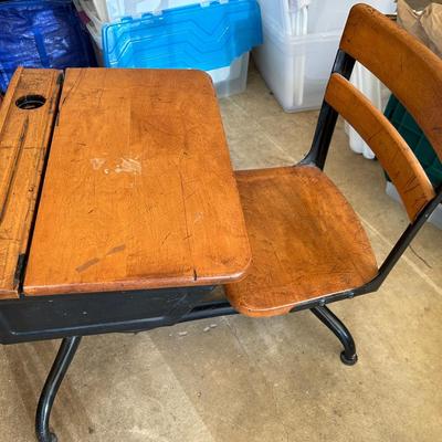 Vintage Wood And Steel One Piece Child’s School Desk
