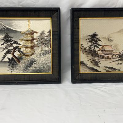 Set Of 2 Vintage Silk Embroidery Framed Art