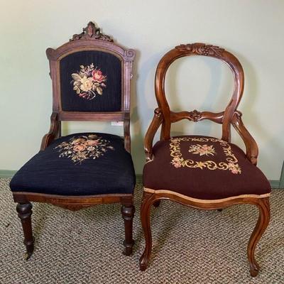 2 Antique Wooden Chairs with Embroidered Seats