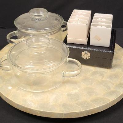 Shell Craft Lazy Susan With Lead Crystal Salt & Pepper Shaker, White Rose Napkin Rings & Glass Pots
