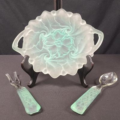 Wild Rose Green Indiana Glass and Wexford Anchor Hocking Servers Set