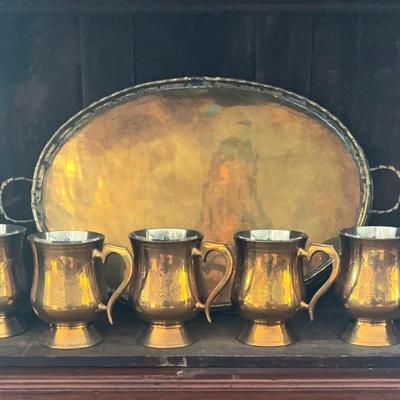 Brass Mugs w/Serving Tray