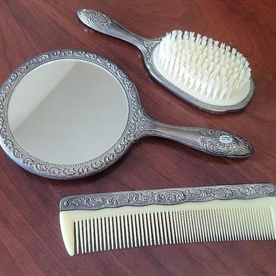 Vintage Metal Brush, Comb, Mirror