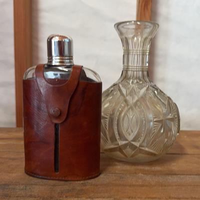 Hand Cut Glass Decanter/Leather Encased Hip Flask 