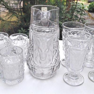 Frosted Ram Head Pitcher, Beer Mugs, & Pedestal Glasses 