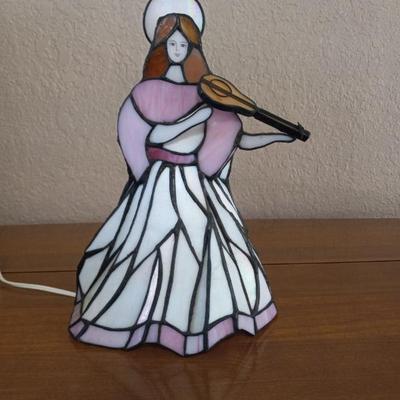 Vintage Tiffany-Style Stained Glass Angel Playing Violin Lamp - 8" Diameter x 12" Tall