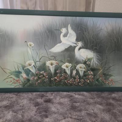 Signed Framed Chinese Egret by Tan Chun Chiu Blocked Print on Canvas - 50" x 27"