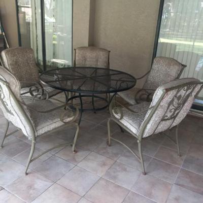 Cast/Wrought Iron Patio Table & 5 Cushioned Chairs - Black/Taupe - Table: 48" Diameter x 29" Tall
