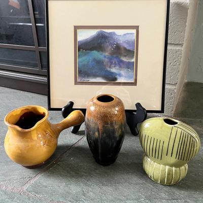 Small Glazed Pottery & Signed Studio Art Pottery Pitchers & Modern Abstract Framed Art Print