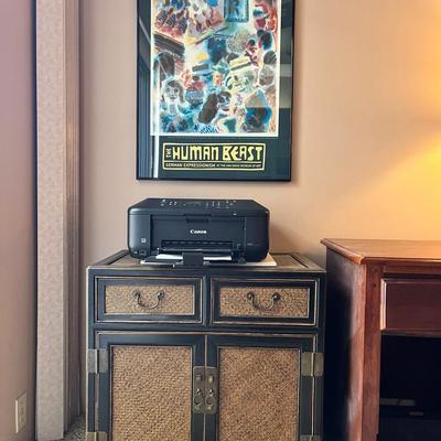 Wood & Cane Asian-Inspired Cabinet with Brass Accents & Rare ‘The Human Beast’ Poster