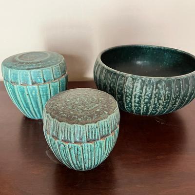 Textured Studio Pottery Storage Jars with Matching Bowl – Green Glaze Modern Rustic Lot