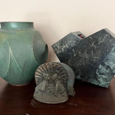 Large Studio Art Pottery Vase, Marble Sculpture, & Vintage Bookend Lot