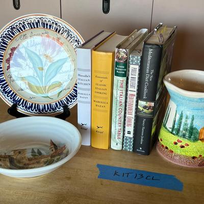 Italian Themed Kitchen Lot with Pottery Bowls, Books & Pitcher