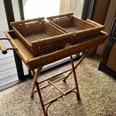 Folding Rattan Bar Cart with Woven Baskets