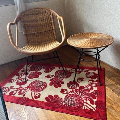 Boho Wicker Lounge Chair, Round Table & Red Floral Accent Rug – Patio or Reading Nook Set