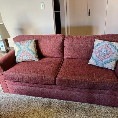 Vintage Burgundy Sleeper Sofa with Original Fabric and Accent Pillows
