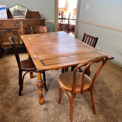 Antique Farmhouse Dining Table & Mixed Vintage Wood Chairs Set