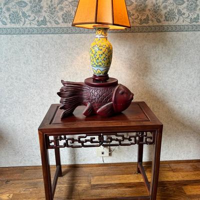 Asian Style Solid Wood Night Stand & Fish Lamp