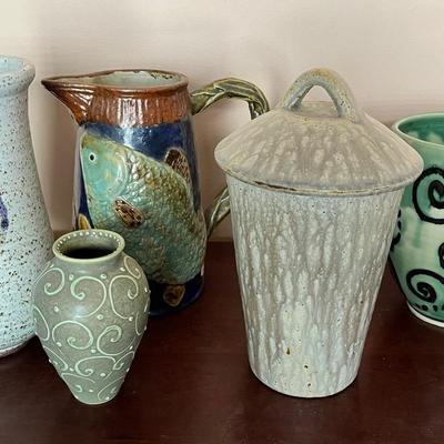 Handmade Studio Pottery Vases with Blue Drip Glaze, Fish Pitcher & Swirl Designs – Artisan Home 