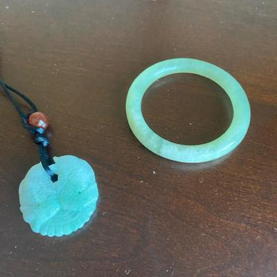 Vintage Carved Jade Bangle & Pendant Necklace