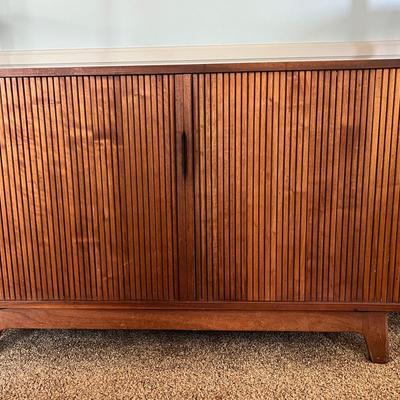 MCM Slide Door Cabinet With Shelves 48w X 30h X 18dp Mid-Century Modern Slatted Wood Cabinet