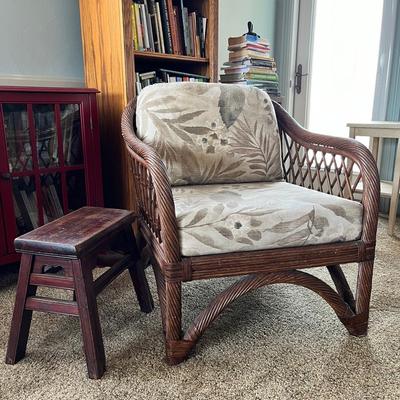 Beautiful Dark Wicker Chair With Small Wood Foot Rest
