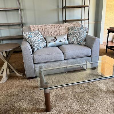 57 X 35 X 37 Grey Upholstered Love Seat, Glass Coffee Table & Wood Side Table