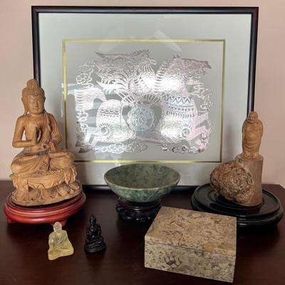 Wood Buddhas & Asian Stoneware Asian Buddha Figurine & Jade Bowl Collection with Silver Dragon Art