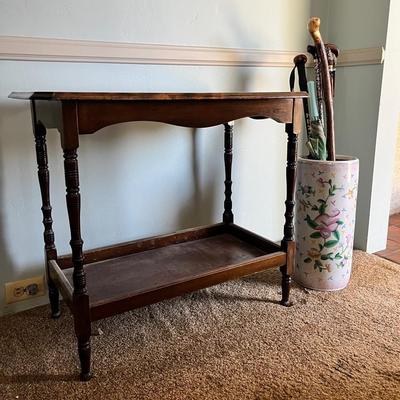 Antique Console Entry Table with Turned Legs and Lower Shelf  & Ceramic Cane/umbrella Holder