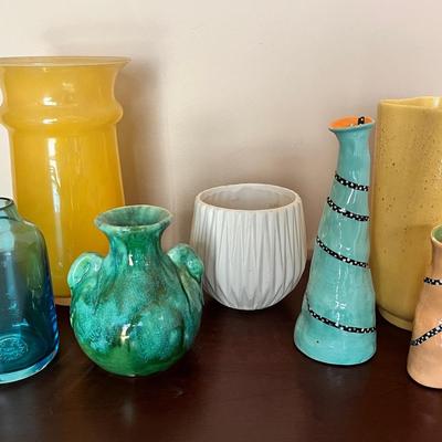 Set Of 5 Glazed Pottery Pieces & 2 Glass Vases Colorful Eclectic Glass & Ceramic Vases Collection