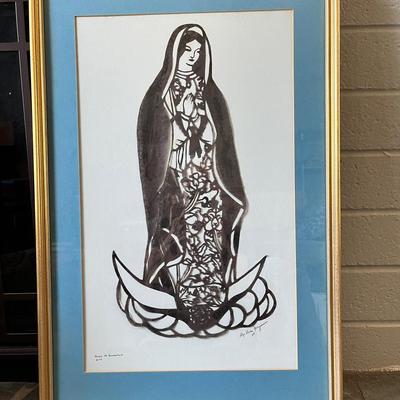 Virgin De Guadalupe Artist Signed Original Virgin Mary Framed Print Elegant Blue Matte & Gold Frame