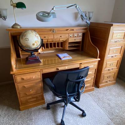 Solid Oak Roll-Top Desk with Matching File Cabinet