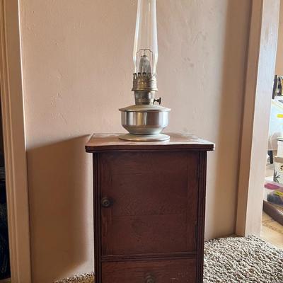 Vintage Wood Cabinet Nightstand & Tall Glass Oil Lamp
