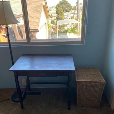 Vintage Wooden Desk with Lamp and Wicker Storage Basket