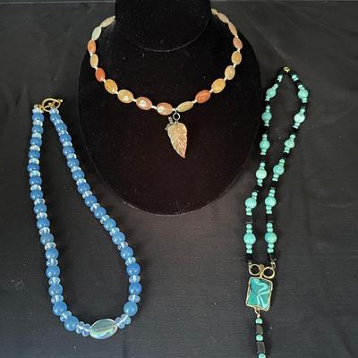 Three Colorful 16-Inch Beaded Necklaces with Unique Pendants