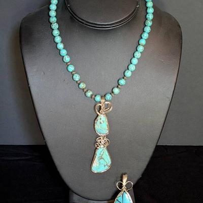 Sterling Silver-Wrapped Turquoise Pendants with Beaded Necklace (14")