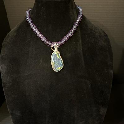 Titanium Druzy Pendant on Beaded Purple Viking Knit Necklace