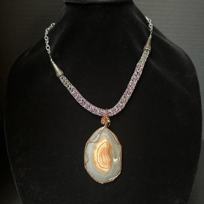 Brazilian Agate Pendant on Viking Knit Beaded Necklace