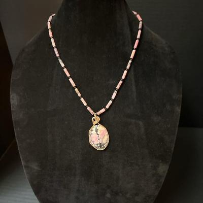 Pink Rhodonite Cabochon Necklace with Beaded Strand