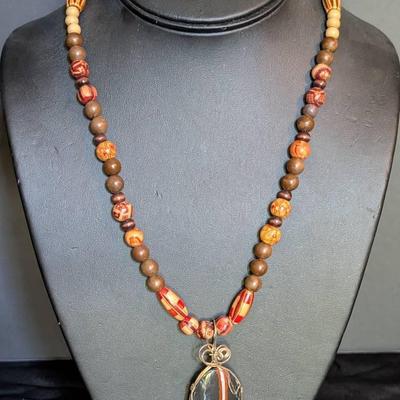 Festive Beaded Necklace with Wire-Wrapped Jasper Pendant